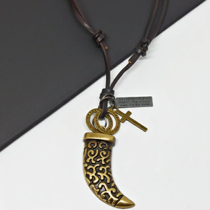 THE MEN THING Leather Necklace LEGION FANG  – 2-Inch Pure Stainless Steel Pendant with  Adjustable Leather Rope for Men & Boys