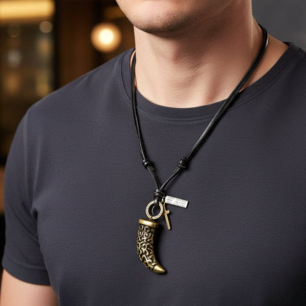 LEGION FANG - Brass Gold  – 2-Inch Pure Stainless Steel Pendant with Adjustable Leather Rope for Men & Boys