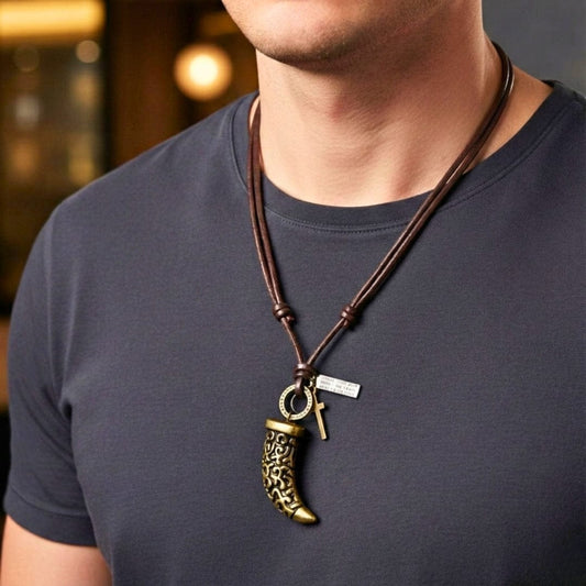 THE MEN THING Leather Necklace LEGION FANG - Brass Gold  – 2-Inch Pure Stainless Steel Pendant with Adjustable Leather Rope for Men & Boys