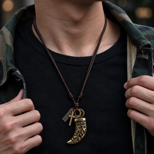 THE MEN THING Leather Necklace LEGION FANG - Brass Gold  – 2-Inch Pure Stainless Steel Pendant with Adjustable Leather Rope for Men & Boys