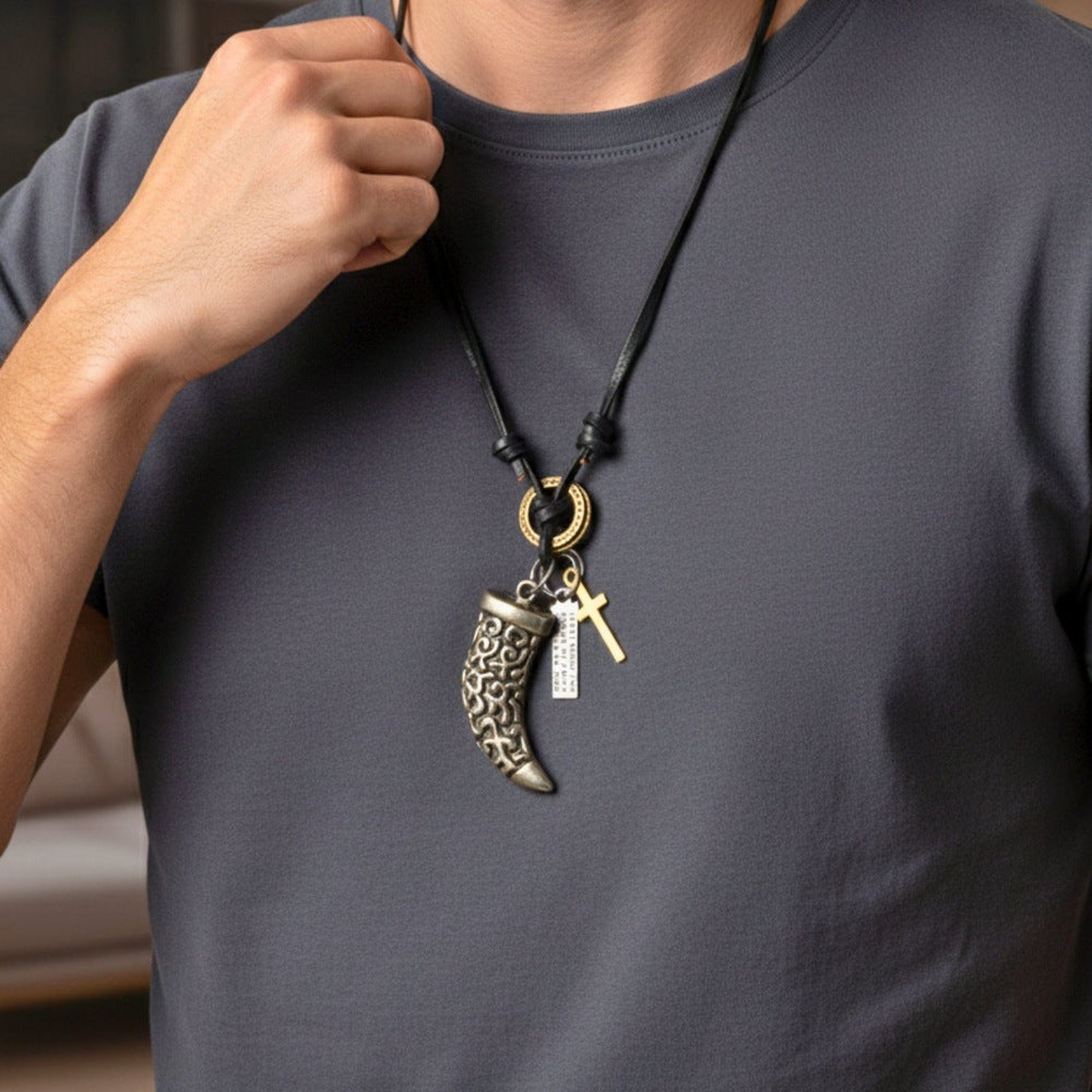 THE MEN THING Leather Necklace LEGION FANG - SILVER  – 2-Inch Pure Stainless Steel Pendant with Adjustable Leather Rope for Men & Boys