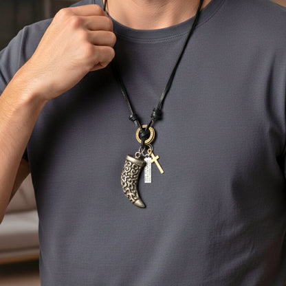 THE MEN THING Leather Necklace LEGION FANG - SILVER  – 2-Inch Pure Stainless Steel Pendant with Adjustable Leather Rope for Men & Boys