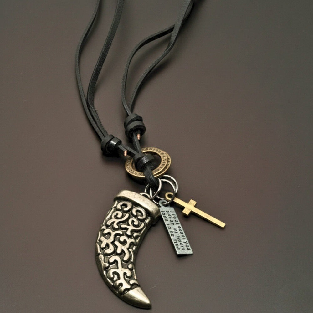 THE MEN THING Leather Necklace LEGION FANG - SILVER  – 2-Inch Pure Stainless Steel Pendant with Adjustable Leather Rope for Men & Boys