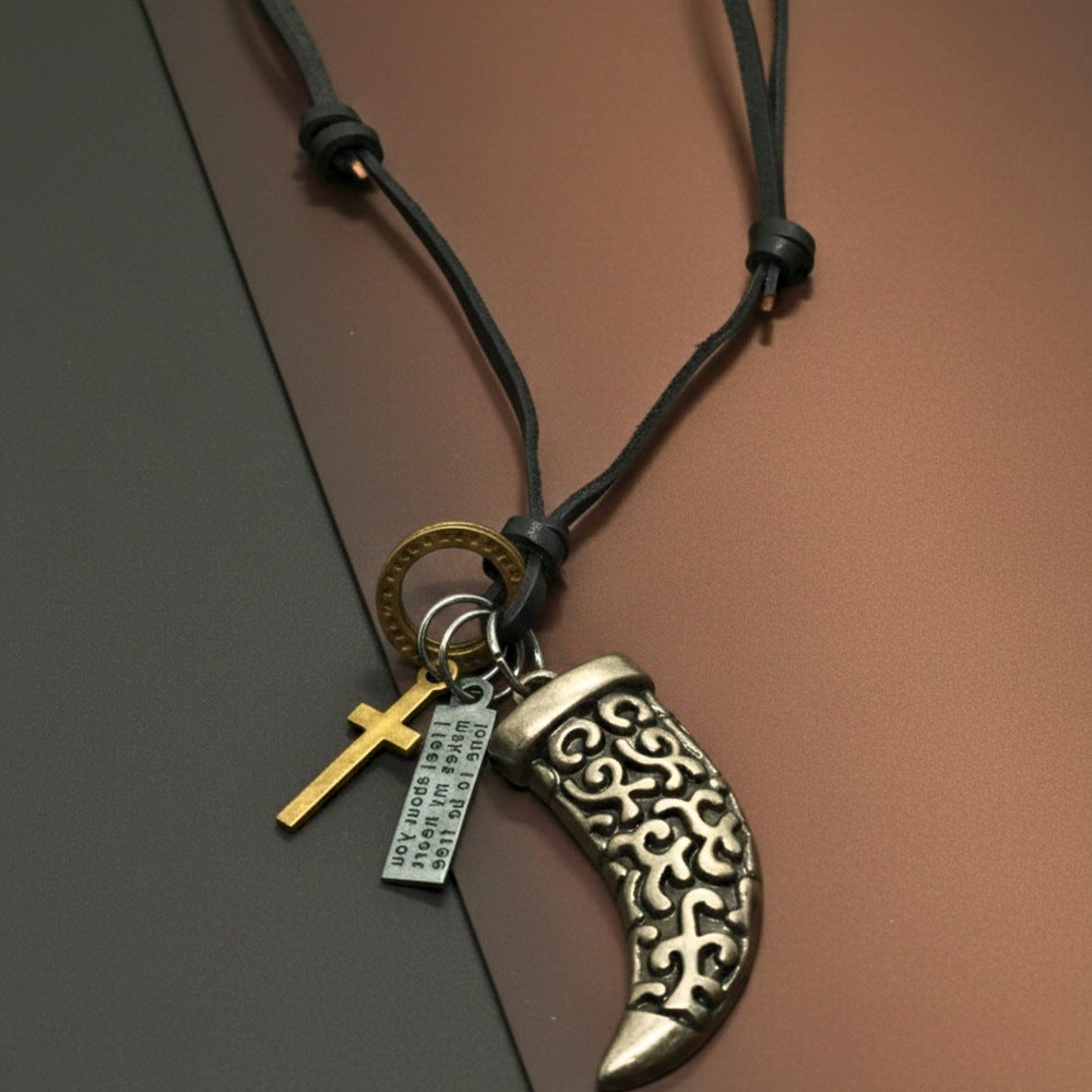 THE MEN THING Leather Necklace LEGION FANG - SILVER  – 2-Inch Pure Stainless Steel Pendant with Adjustable Leather Rope for Men & Boys