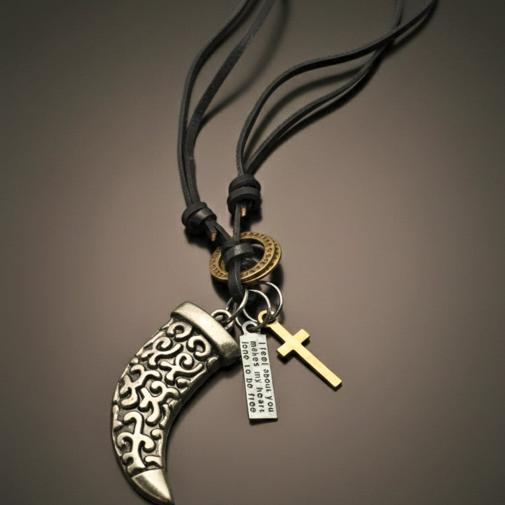 THE MEN THING Leather Necklace LEGION FANG - SILVER  – 2-Inch Pure Stainless Steel Pendant with Adjustable Leather Rope for Men & Boys