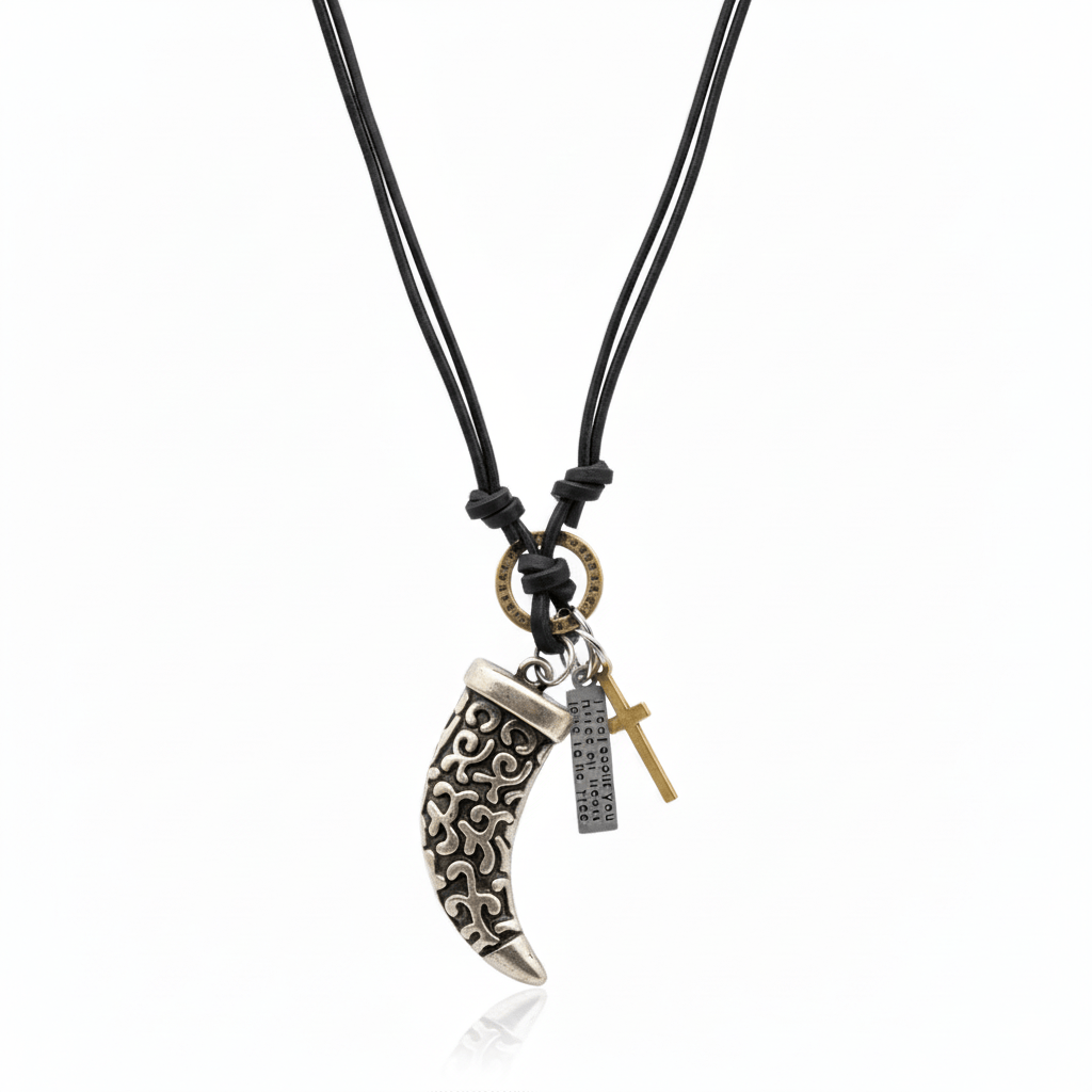 THE MEN THING Leather Necklace LEGION FANG - SILVER  – 2-Inch Pure Stainless Steel Pendant with Adjustable Leather Rope for Men & Boys