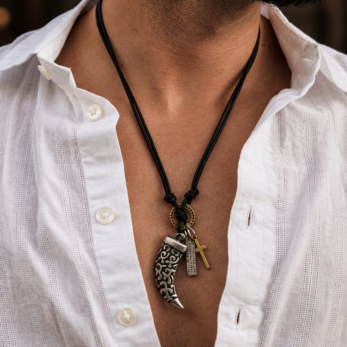 THE MEN THING Leather Necklace LEGION FANG - SILVER  – 2-Inch Pure Stainless Steel Pendant with Adjustable Leather Rope for Men & Boys