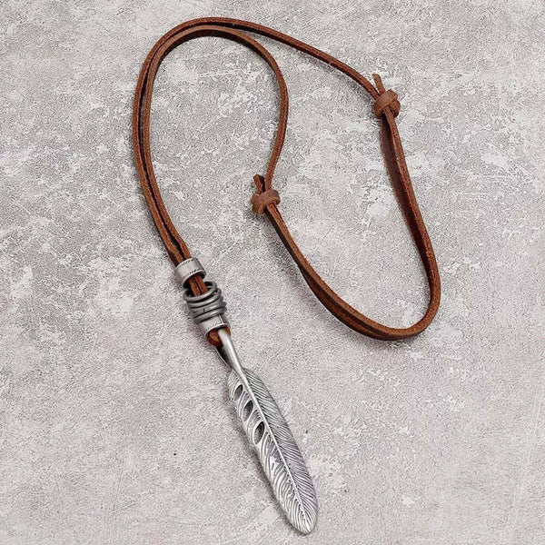 MAYAN FREEDOM BROWN - Vintage Alloy Feather Pendant with Adjustable Pure Leather Cord Necklace for Men & Boys