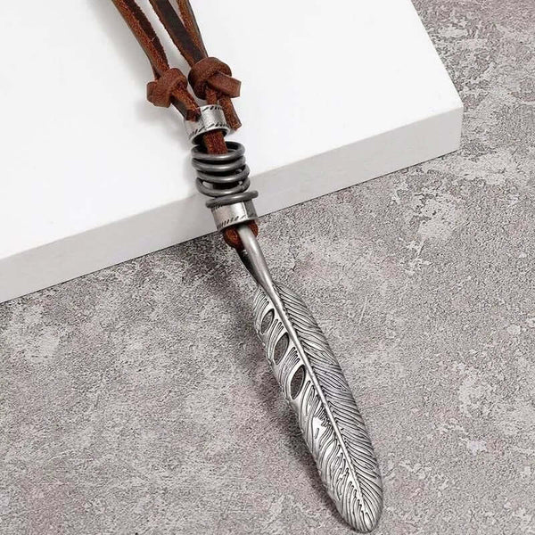 MAYAN FREEDOM BROWN - Vintage Alloy Feather Pendant with Adjustable Pure Leather Cord Necklace for Men & Boys
