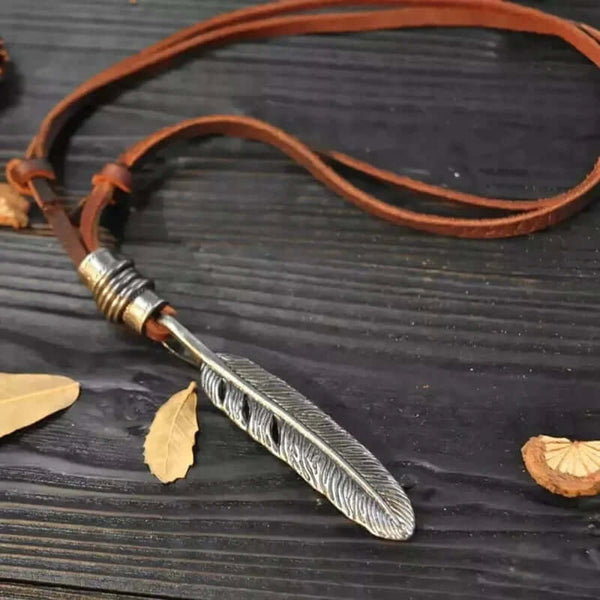 MAYAN FREEDOM BROWN - Vintage Alloy Feather Pendant with Adjustable Pure Leather Cord Necklace for Men & Boys