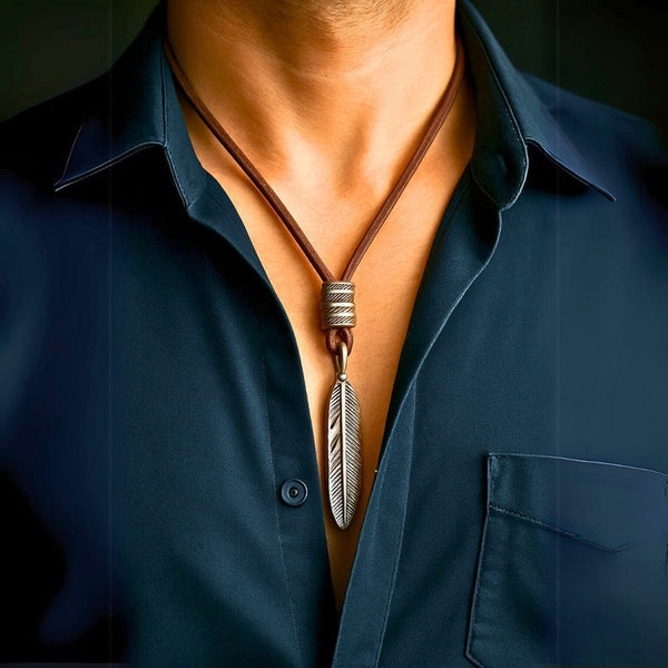 MAYAN FREEDOM BROWN - Vintage Alloy Feather Pendant with Adjustable Pure Leather Cord Necklace for Men & Boys