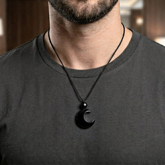 THE MEN THING Leather Necklace MOONARA BLACK - 26mm Pendant with Adjustable Pure Leather Cord Necklace for Men & Boys