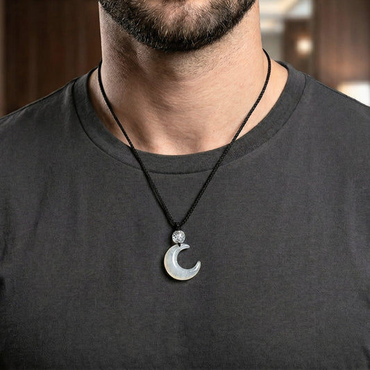 THE MEN THING Leather Necklace MOONARA WHITE - 26mm Pendant with Adjustable Pure Leather Cord Necklace for Men & Boys