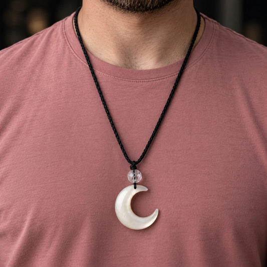 THE MEN THING Leather Necklace MOONARA WHITE - 26mm Pendant with Adjustable Pure Leather Cord Necklace for Men & Boys