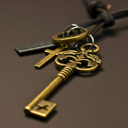 THE MEN THING Leather Necklace MYSTERIOUS KEY – 2.5-Inch Pure Stainless Steel Pendant with  Adjustable Leather Rope for Men & Boys