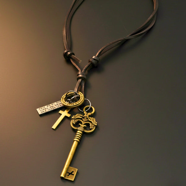 MYSTERIOUS KEY – 2.5-Inch Pure Stainless Steel Pendant with  Adjustable Leather Rope for Men & Boys