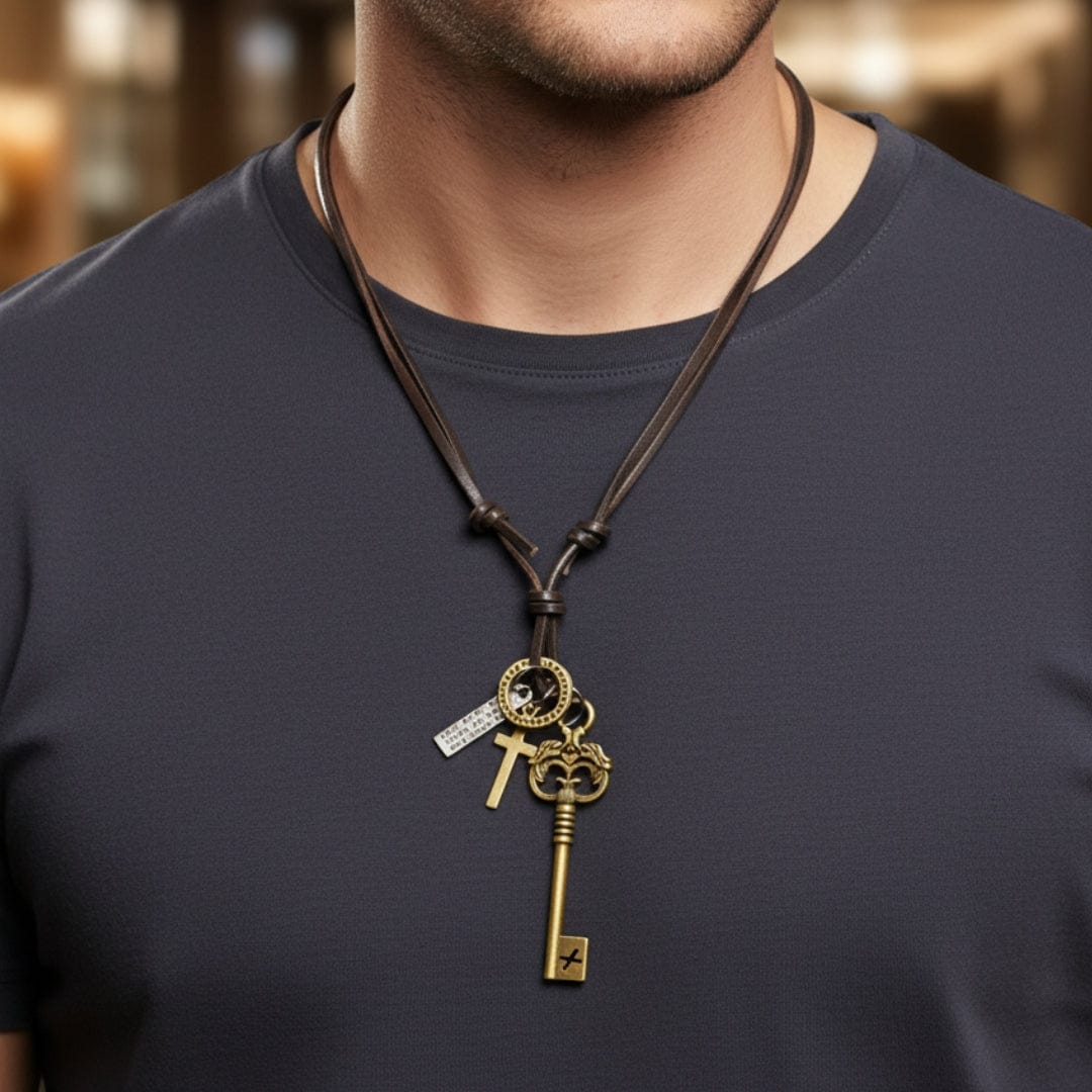 THE MEN THING Leather Necklace MYSTERIOUS KEY – 2.5-Inch Pure Stainless Steel Pendant with  Adjustable Leather Rope for Men & Boys