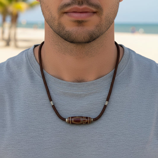 THE MEN THING Leather Necklace MYSTIC DZI – 2-Inch Natural Crystal Pendant with Adjustable Leather Rope for Men & Boys