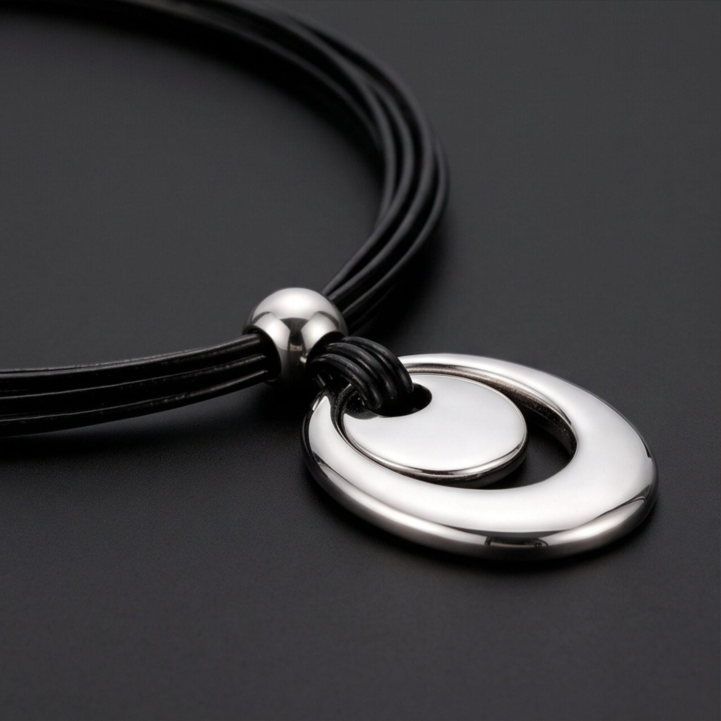 THE MEN THING Leather Necklace NESTED OVAL DROP - 35mm Titanium Steel Pendant with Adjustable Leather Rope Necklace for Men & Boys (20 to 23 inch)