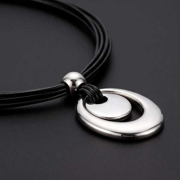 NESTED OVAL DROP - 35mm Titanium Steel Pendant with Adjustable Leather Rope Necklace for Men & Boys (20 to 23 inch)