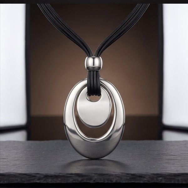 NESTED OVAL DROP - 35mm Titanium Steel Pendant with Adjustable Leather Rope Necklace for Men & Boys (20 to 23 inch)