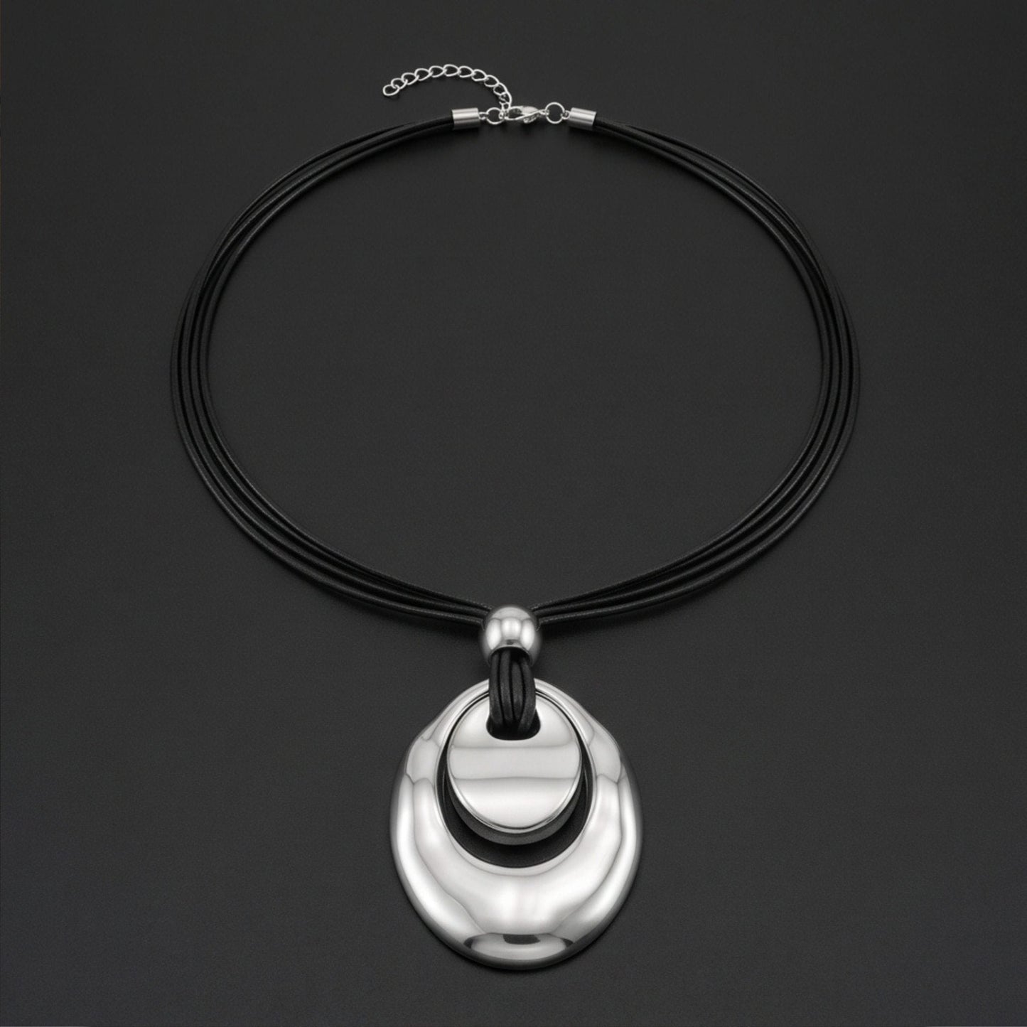 THE MEN THING Leather Necklace NESTED OVAL DROP - 35mm Titanium Steel Pendant with Adjustable Leather Rope Necklace for Men & Boys (20 to 23 inch)