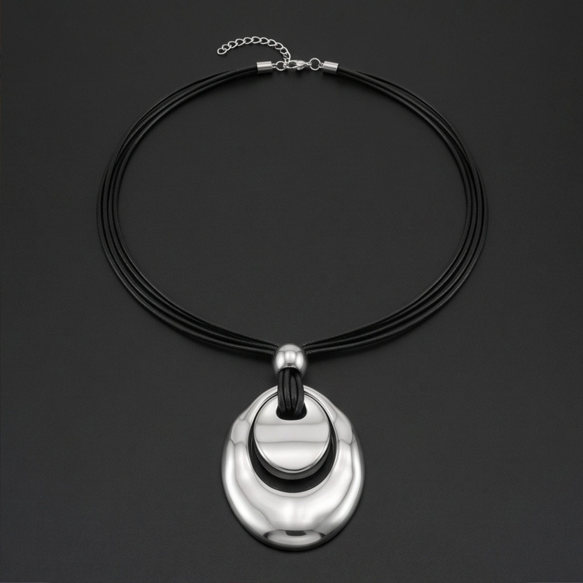 THE MEN THING Leather Necklace NESTED OVAL DROP - 35mm Titanium Steel Pendant with Adjustable Leather Rope Necklace for Men & Boys (20 to 23 inch)