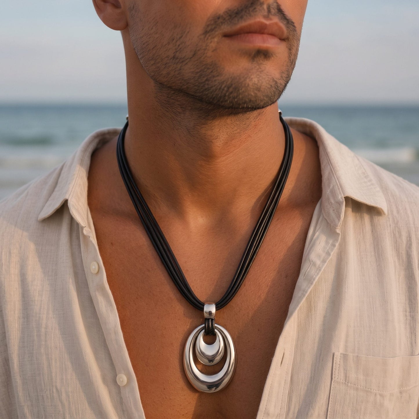 THE MEN THING Leather Necklace NESTED OVAL DROP - 35mm Titanium Steel Pendant with Adjustable Leather Rope Necklace for Men & Boys (20 to 23 inch)