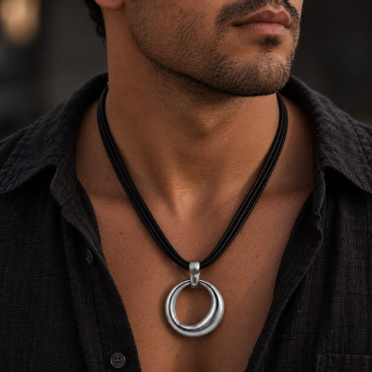 THE MEN THING Leather Necklace NESTED OVAL DROP - 43mm Titanium Steel Pendant with Leather Rope Necklace for Men & Boys (19 inch)