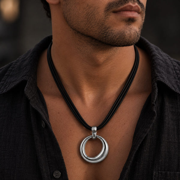 NESTED OVAL DROP - 43mm Titanium Steel Pendant with Leather Rope Necklace for Men & Boys (19 inch)