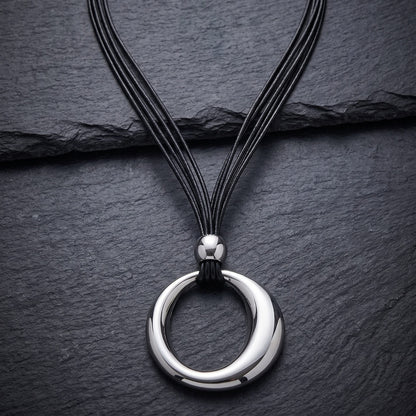 THE MEN THING Leather Necklace NESTED OVAL DROP - 43mm Titanium Steel Pendant with Leather Rope Necklace for Men & Boys (19 inch)