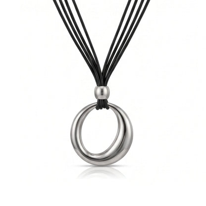 THE MEN THING Leather Necklace NESTED OVAL DROP - 43mm Titanium Steel Pendant with Leather Rope Necklace for Men & Boys (19 inch)