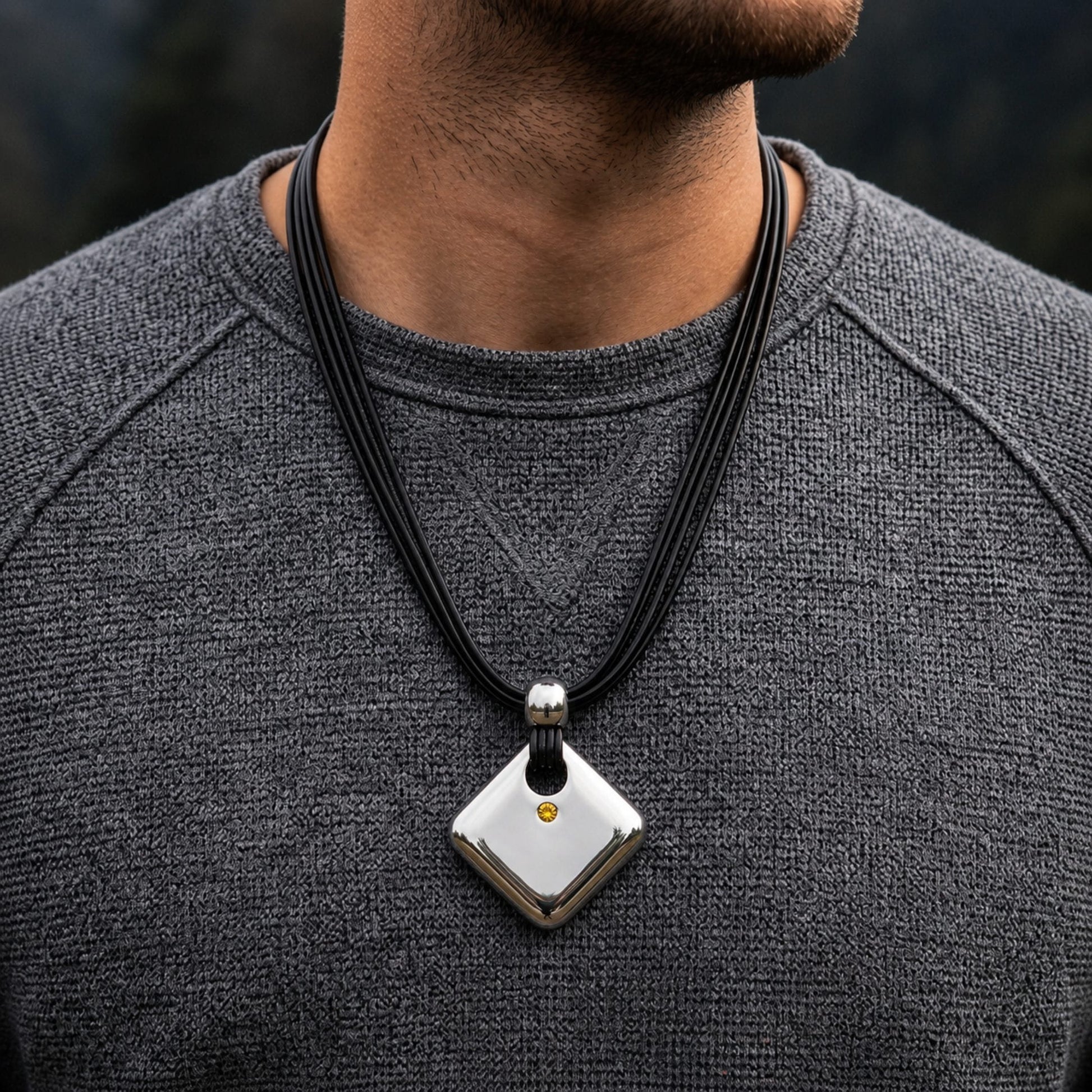 THE MEN THING Leather Necklace NOVA EDGE - 38mm Titanium Steel Pendant with Adjustable Leather Rope Necklace for Men & Boys (20 to 23 inch)