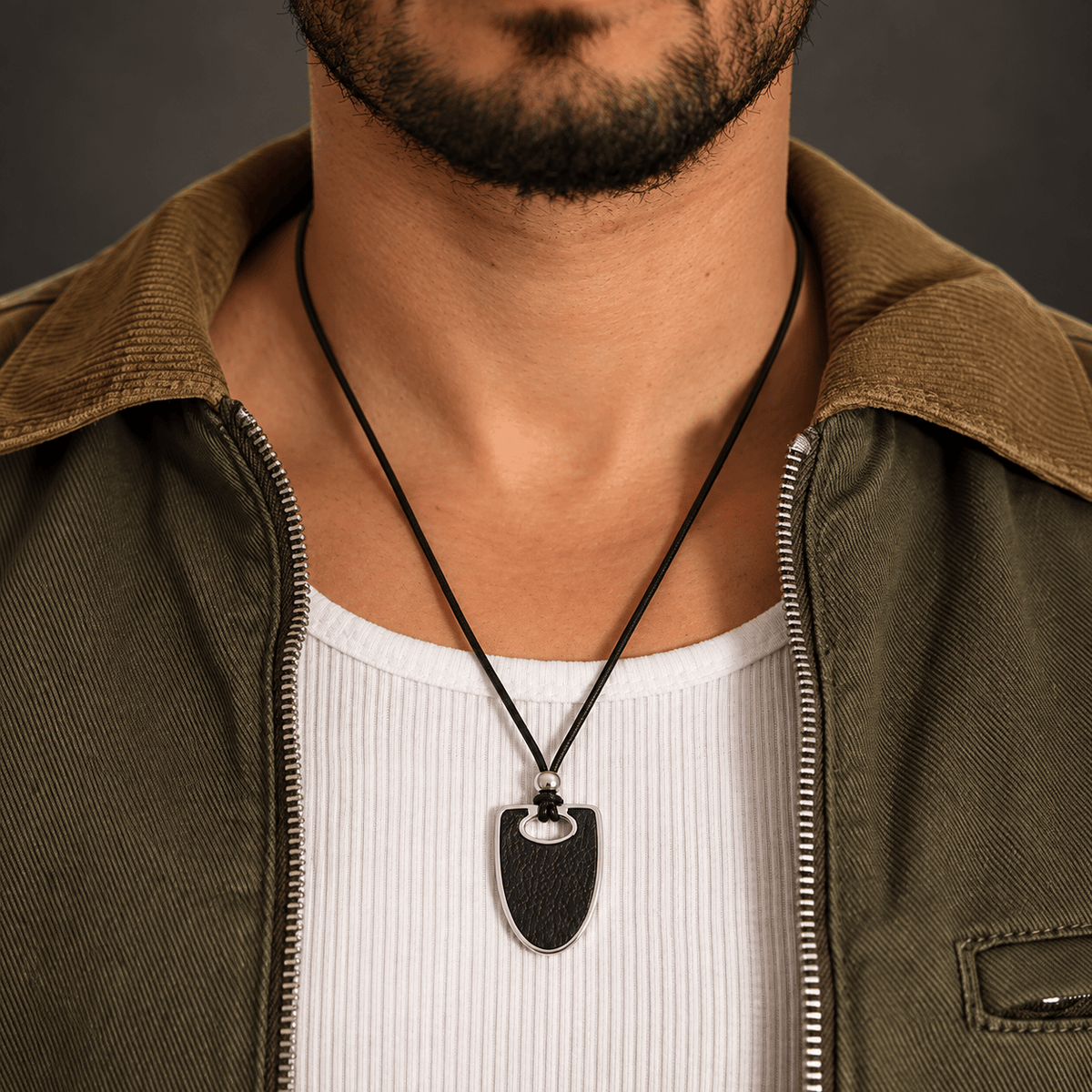 THE MEN THING Leather Necklace NYXEN EDGE - Titanium Steel Pendant with Adjustable Rope Chain for Men & Boys