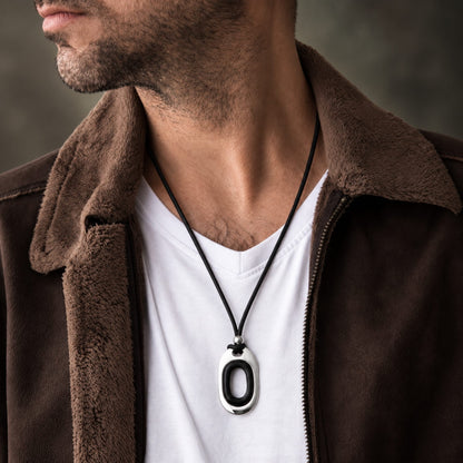 THE MEN THING Leather Necklace OBLIVION LOOP - Titanium Steel Pendant with Adjustable Rope Chain for Men & Boys