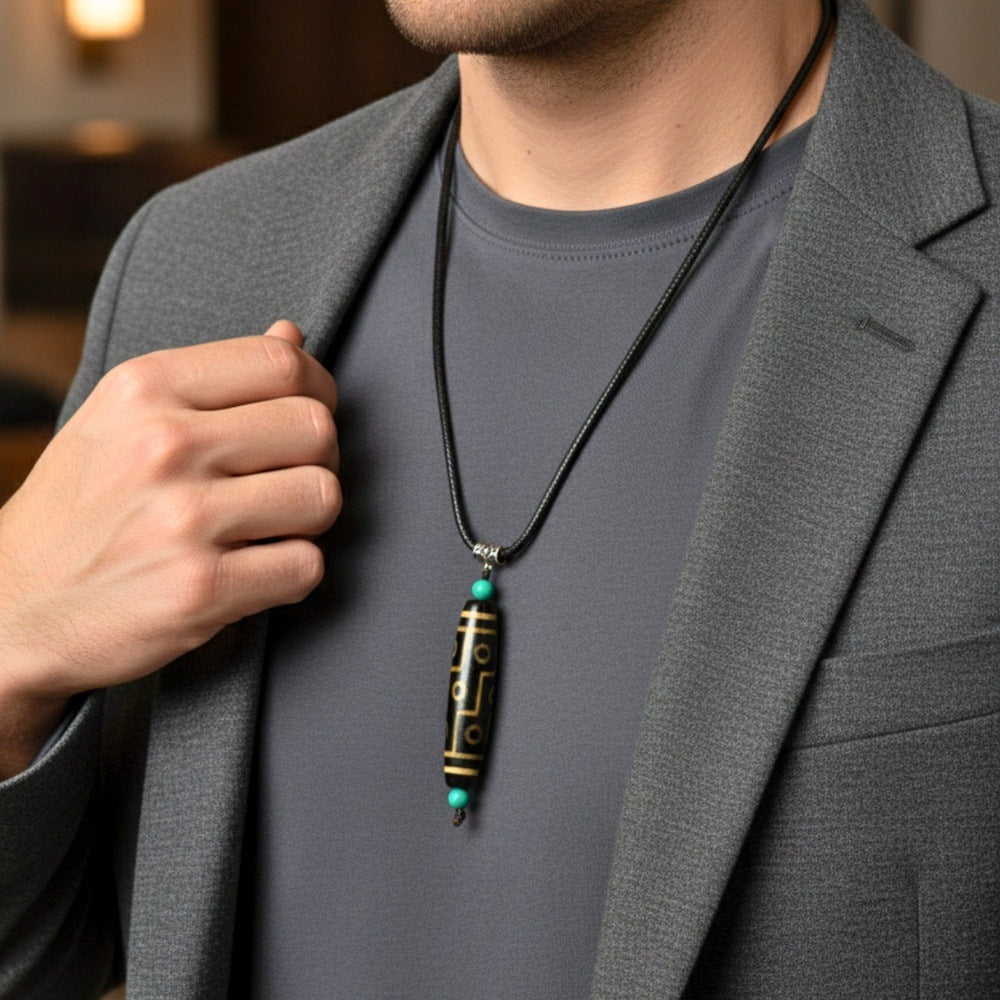 THE MEN THING Leather Necklace OBSIDIAN CIRCUIT – 3-Inch Natural Crystal Pendant with 28-Inch Leather Rope for Men & Boys