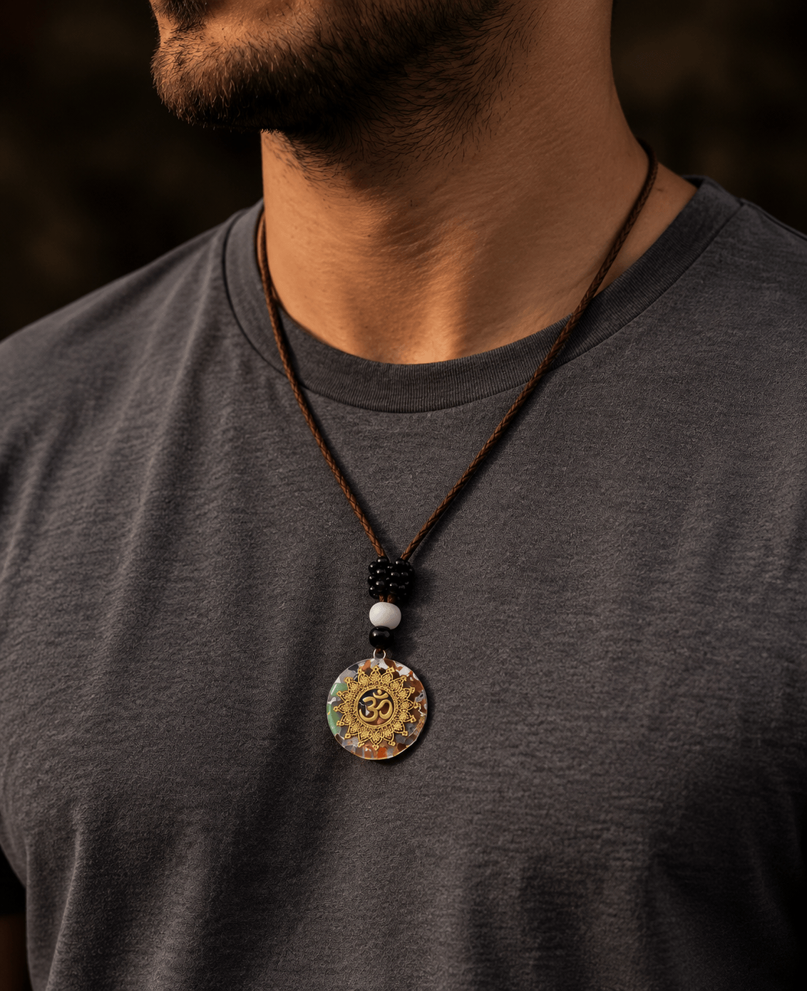 THE MEN THING Leather Necklace OM BLOOM  - Om Symbol necklace with 30 inch Adjustable Rope Chain for Men & Boys