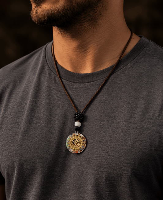 THE MEN THING Leather Necklace OM BLOOM  - Om Symbol necklace with 30 inch Adjustable Rope Chain for Men & Boys