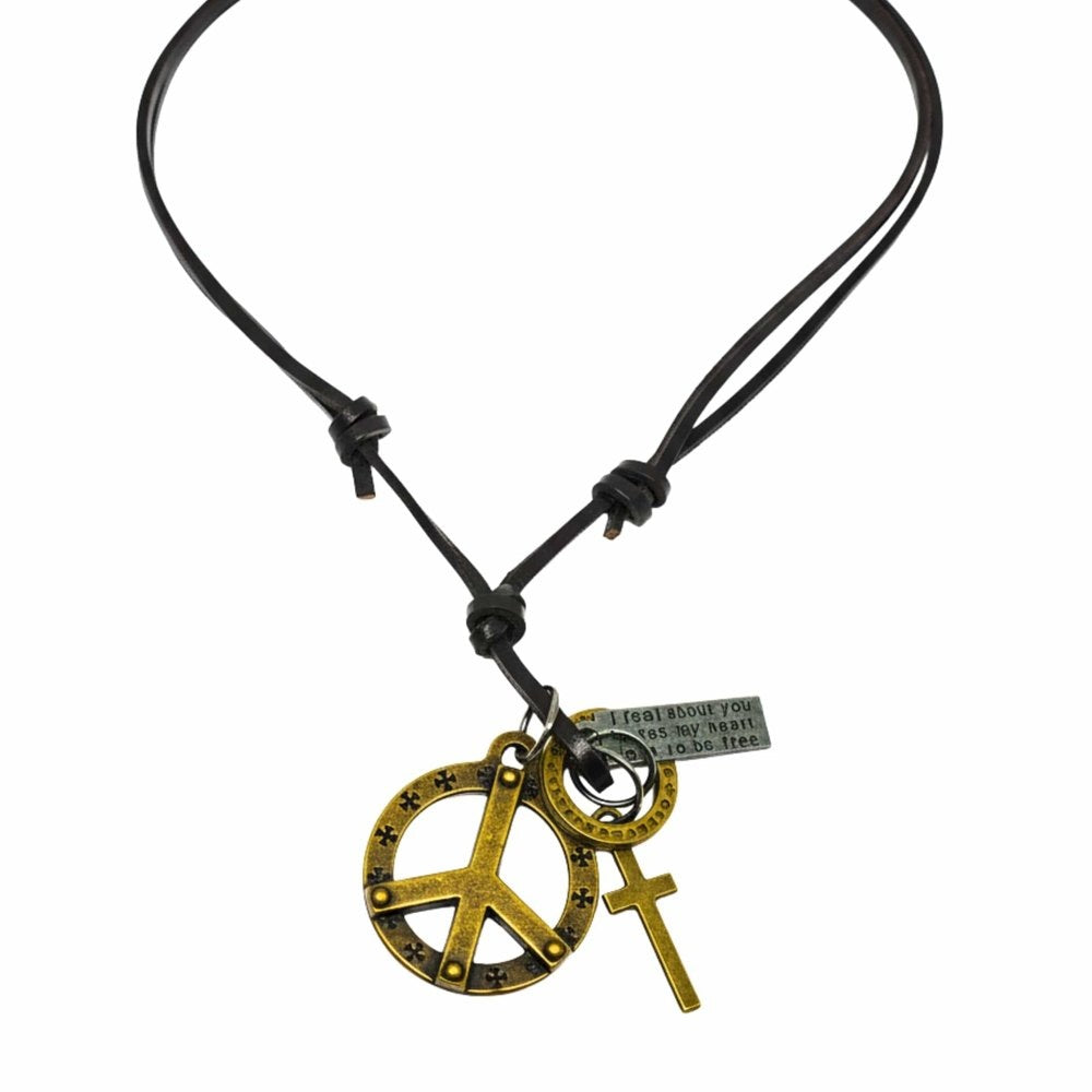 THE MEN THING Leather Necklace PEACE OF CROSS – 1.2-Inch Pure Stainless Steel Pendant with Adjustable Leather Rope for Men & Boys