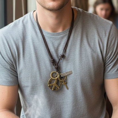 THE MEN THING Leather Necklace PEACE OF CROSS – 1.2-Inch Pure Stainless Steel Pendant with Adjustable Leather Rope for Men & Boys