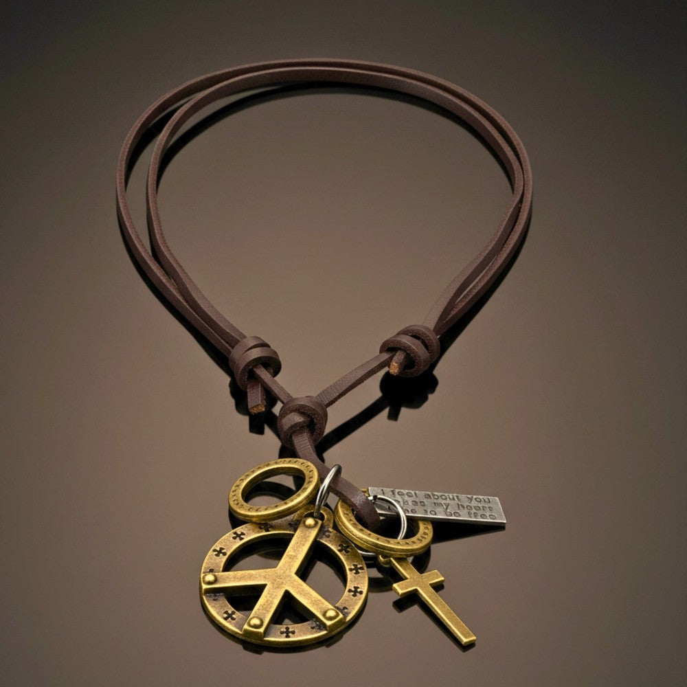 THE MEN THING Leather Necklace PEACE OF CROSS – 1.2-Inch Pure Stainless Steel Pendant with Adjustable Leather Rope for Men & Boys