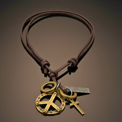 THE MEN THING Leather Necklace PEACE OF CROSS – 1.2-Inch Pure Stainless Steel Pendant with Adjustable Leather Rope for Men & Boys