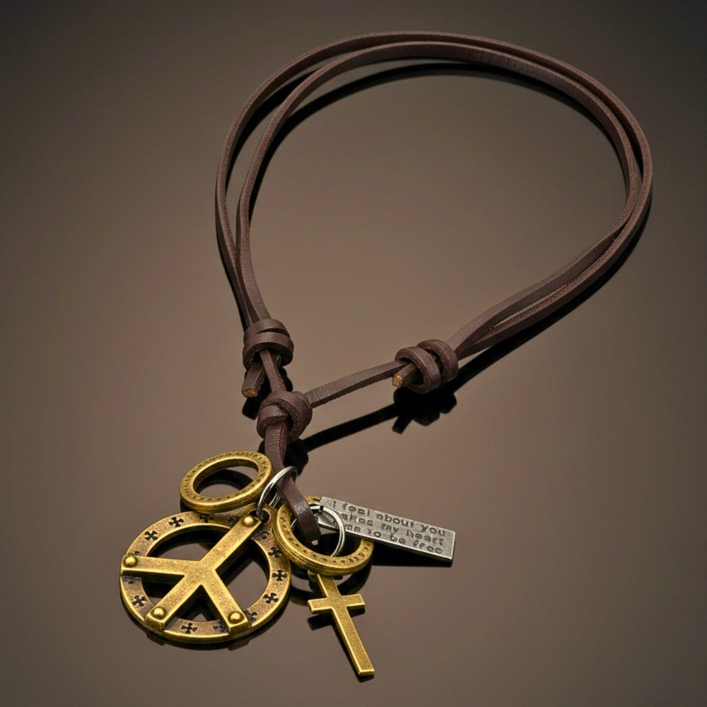 THE MEN THING Leather Necklace PEACE OF CROSS – 1.2-Inch Pure Stainless Steel Pendant with Adjustable Leather Rope for Men & Boys