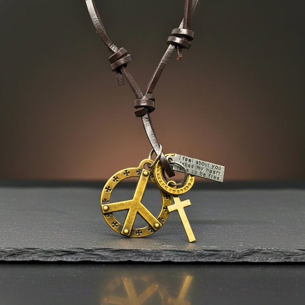 PEACE OF CROSS – 1.2-Inch Pure Stainless Steel Pendant with Adjustable Leather Rope for Men & Boys
