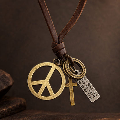 THE MEN THING Leather Necklace PEACE OF CROSS – 1 Inch Pure Stainless Steel Pendant with Adjustable Leather Rope for Men & Boys