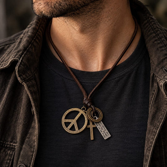 THE MEN THING Leather Necklace PEACE OF CROSS – 1 Inch Pure Stainless Steel Pendant with Adjustable Leather Rope for Men & Boys