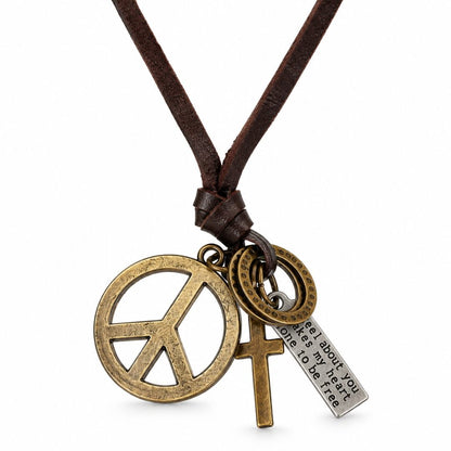 THE MEN THING Leather Necklace PEACE OF CROSS – 1 Inch Pure Stainless Steel Pendant with Adjustable Leather Rope for Men & Boys