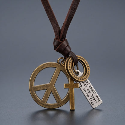 THE MEN THING Leather Necklace PEACE OF CROSS – 1 Inch Pure Stainless Steel Pendant with Adjustable Leather Rope for Men & Boys