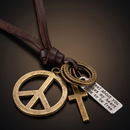 THE MEN THING Leather Necklace PEACE OF CROSS – 1 Inch Pure Stainless Steel Pendant with Adjustable Leather Rope for Men & Boys