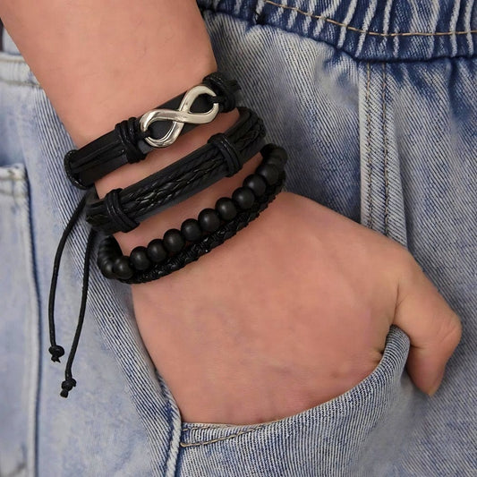 THE MEN THING Leather Necklace QUADRA-FUSION INFINITY SILVER - 4 Pcs Black Genuine Braided Leather Bracelet Set, Tribal Woven Ethnic Wrap Infinity Bracelet for Men & Boys (8 inch)